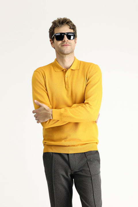 Mustard Yellow Polo Collar Regular Fit Cotton Knit Sweater