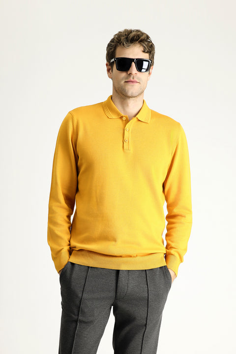 Mustard Yellow Polo Collar Regular Fit Cotton Knit Sweater
