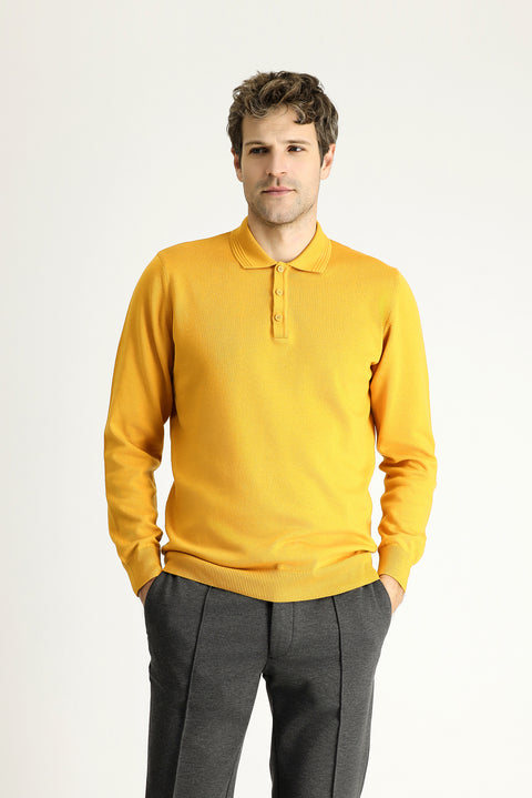 Mustard Yellow Polo Collar Regular Fit Cotton Knit Sweater