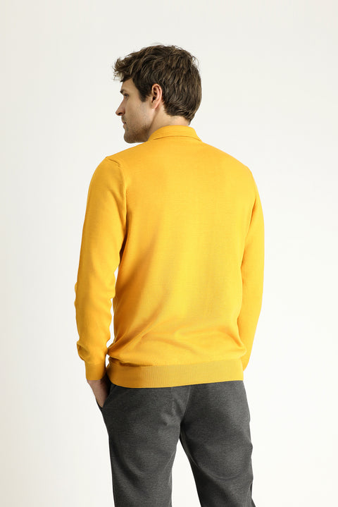 Mustard Yellow Polo Collar Regular Fit Cotton Knit Sweater