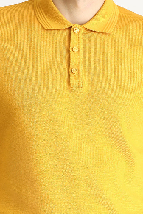 Mustard Yellow Polo Collar Regular Fit Cotton Knit Sweater
