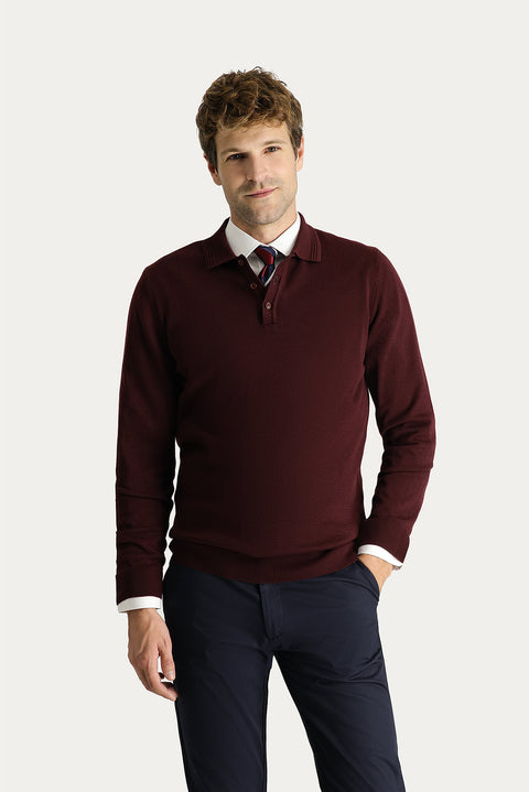 Dark Burgundy Polo Collar Regular Fit Cotton Knit Sweater