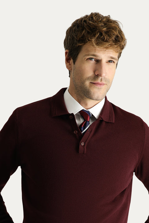 Dark Burgundy Polo Collar Regular Fit Cotton Knit Sweater