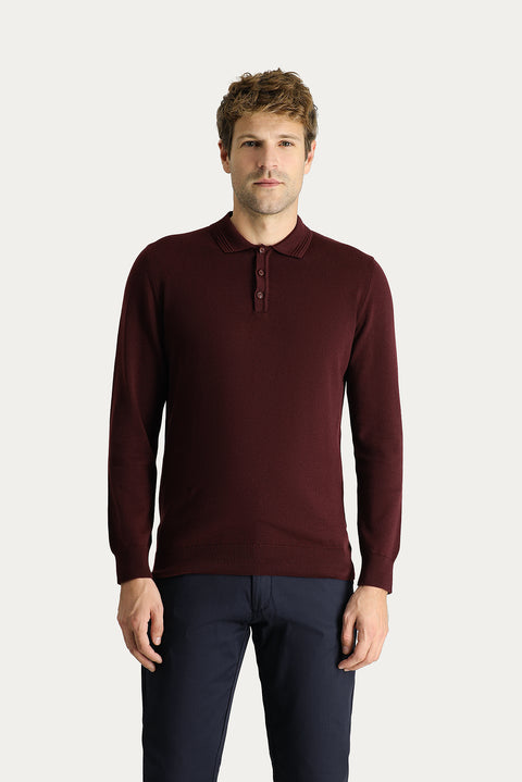 Dark Burgundy Polo Collar Regular Fit Cotton Knit Sweater