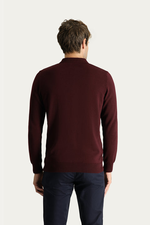 Dark Burgundy Polo Collar Regular Fit Cotton Knit Sweater