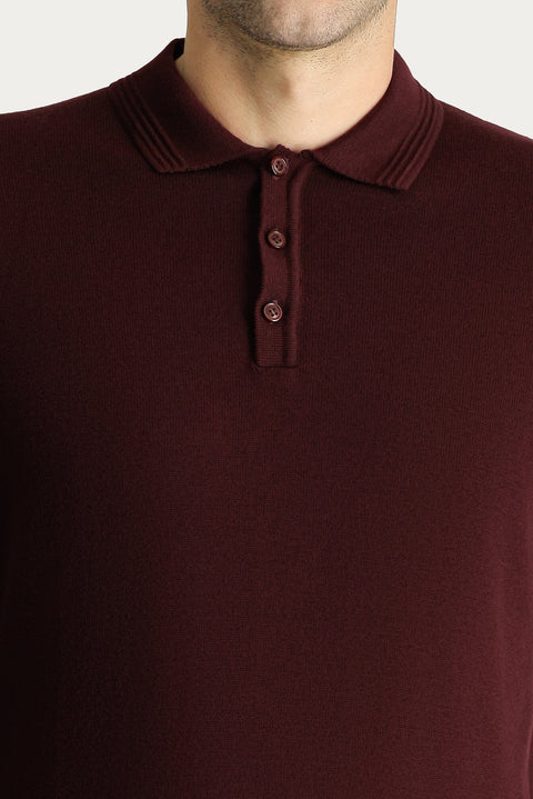 Dark Burgundy Polo Collar Regular Fit Cotton Knit Sweater