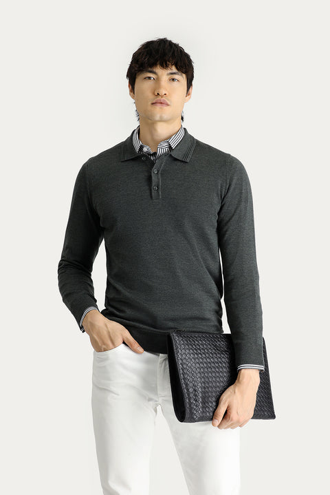 Koyu Antrasit Melanj Polo Yaka Regular Fit Pamuklu Triko Kazak