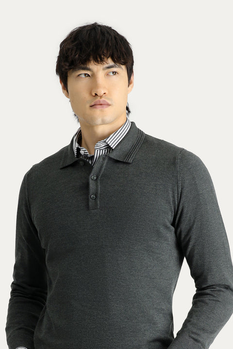 Koyu Antrasit Melanj Polo Yaka Regular Fit Pamuklu Triko Kazak