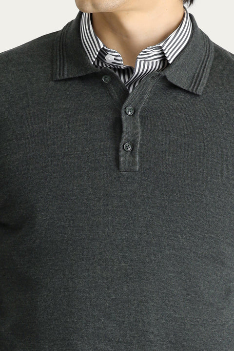 Koyu Antrasit Melanj Polo Yaka Regular Fit Pamuklu Triko Kazak