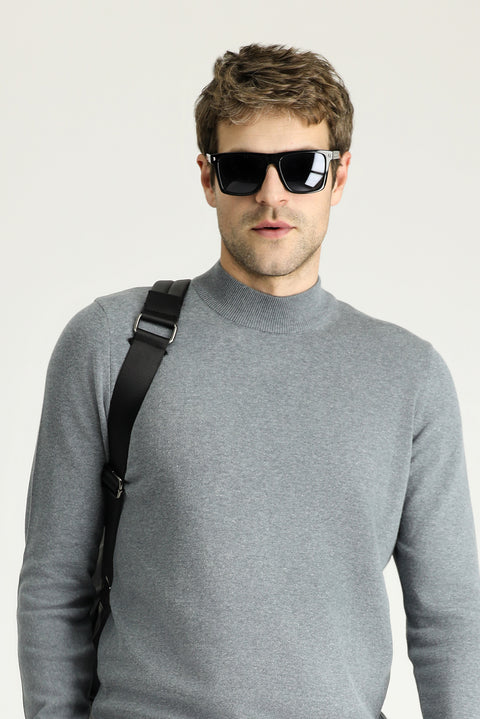 Orta Gri Melanj Yarım Balıkçı Yaka Regular Fit Pamuklu Triko Kazak