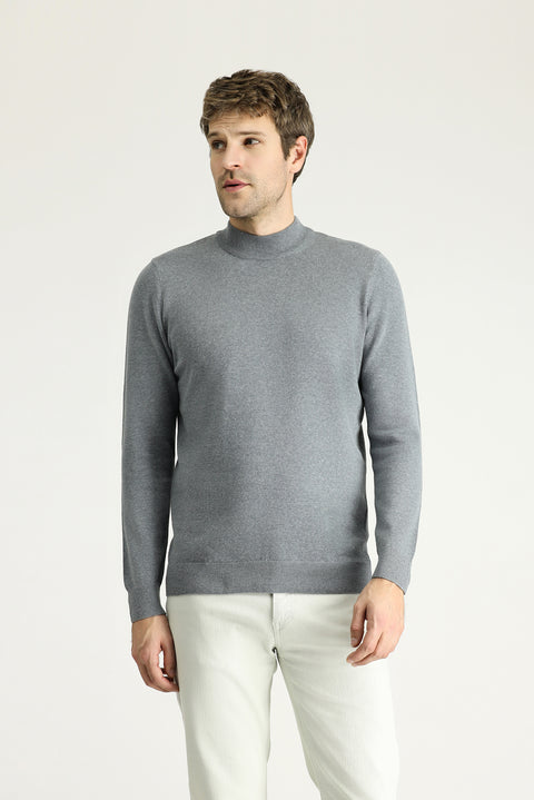 Orta Gri Melanj Yarım Balıkçı Yaka Regular Fit Pamuklu Triko Kazak