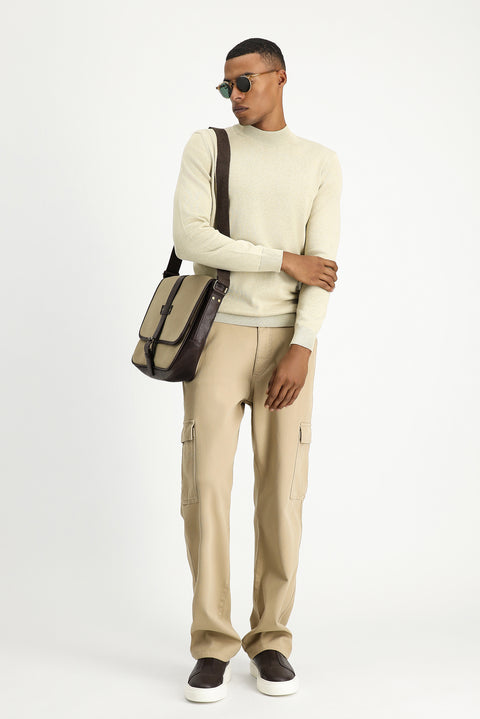 Orta Bej Yarım Balıkçı Yaka Regular Fit Pamuklu Triko Kazak