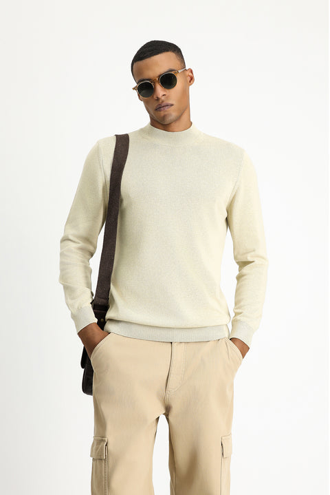 Orta Bej Yarım Balıkçı Yaka Regular Fit Pamuklu Triko Kazak