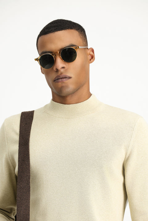 Orta Bej Yarım Balıkçı Yaka Regular Fit Pamuklu Triko Kazak