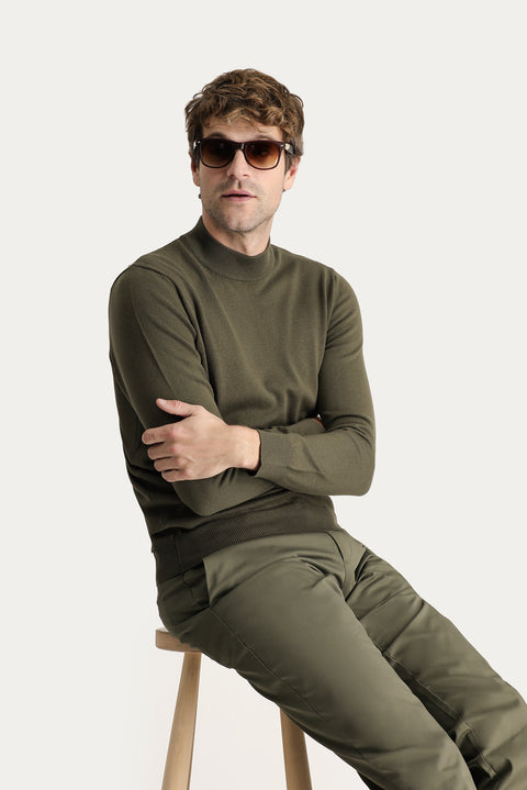 Orta Haki Yarım Balıkçı Yaka Regular Fit Pamuklu Triko Kazak