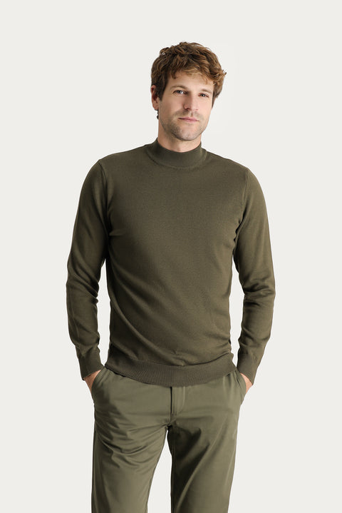 Orta Haki Yarım Balıkçı Yaka Regular Fit Pamuklu Triko Kazak