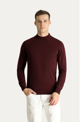  Koyu Bordo Yarım Balıkçı Yaka Regular Fit Pamuklu Triko Kazak