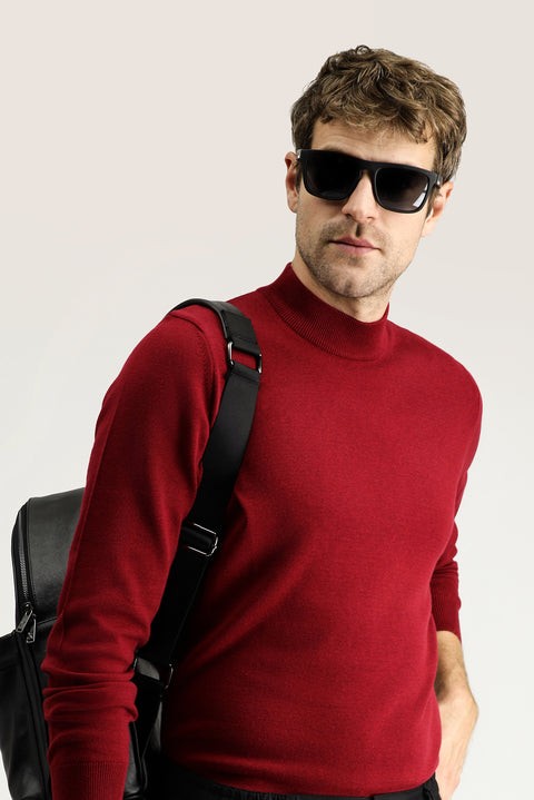 Koyu Kırmızı Yarım Balıkçı Yaka Regular Fit Pamuklu Triko Kazak