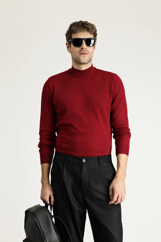  Koyu Kırmızı Yarım Balıkçı Yaka Regular Fit Pamuklu Triko Kazak