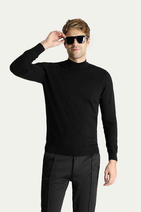 Black Semi-Turtleneck Slim Fit Narrow Cut Cotton Knit Sweater