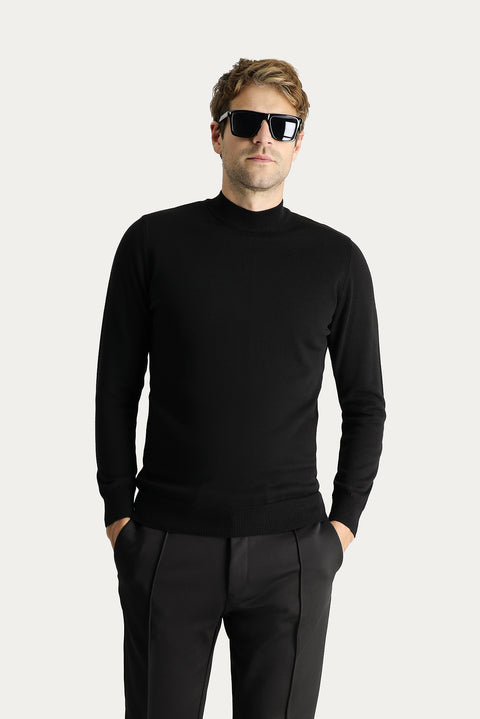 Black Semi-Turtleneck Slim Fit Narrow Cut Cotton Knit Sweater