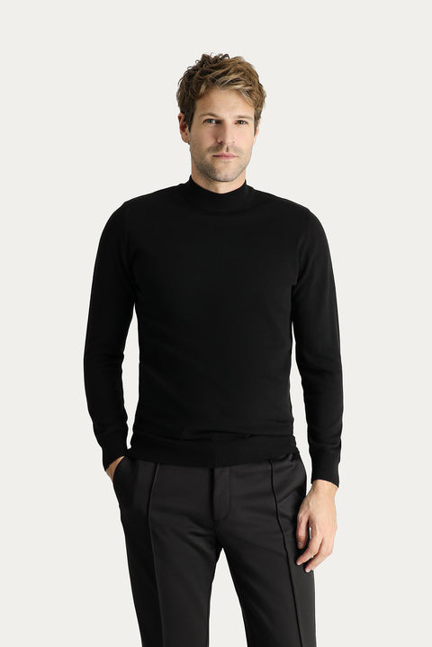 Black Semi-Turtleneck Slim Fit Narrow Cut Cotton Knit Sweater