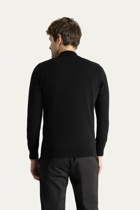 Black Semi-Turtleneck Slim Fit Narrow Cut Cotton Knit Sweater