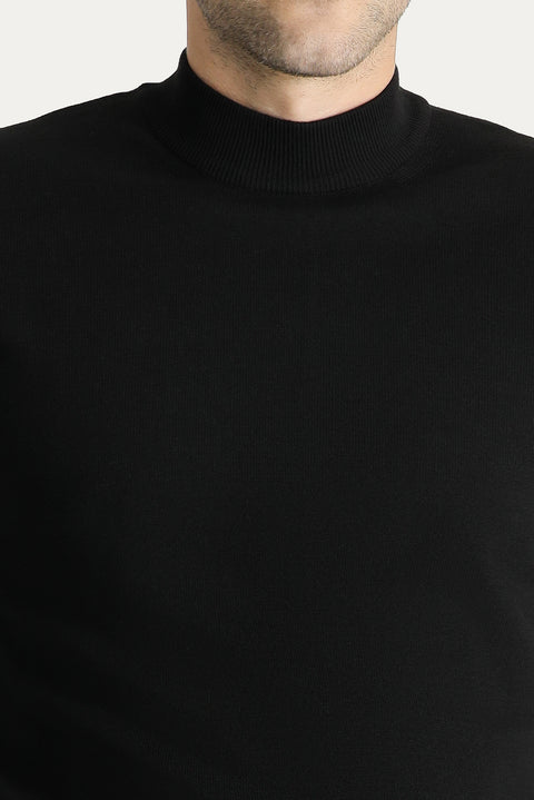 Black Semi-Turtleneck Slim Fit Narrow Cut Cotton Knit Sweater
