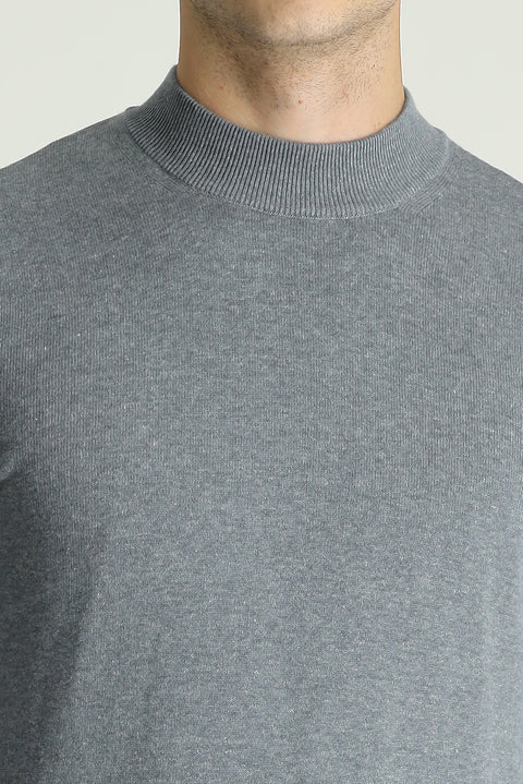 Orta Gri Melanj Yarım Balıkçı Yaka Slim Fit Dar Kesim Pamuklu Triko Kazak