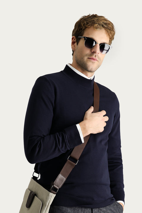 Koyu Lacivert Yarım Balıkçı Yaka Slim Fit Dar Kesim Pamuklu Triko Kazak