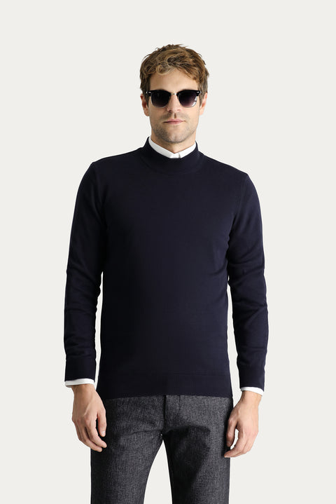 Koyu Lacivert Yarım Balıkçı Yaka Slim Fit Dar Kesim Pamuklu Triko Kazak