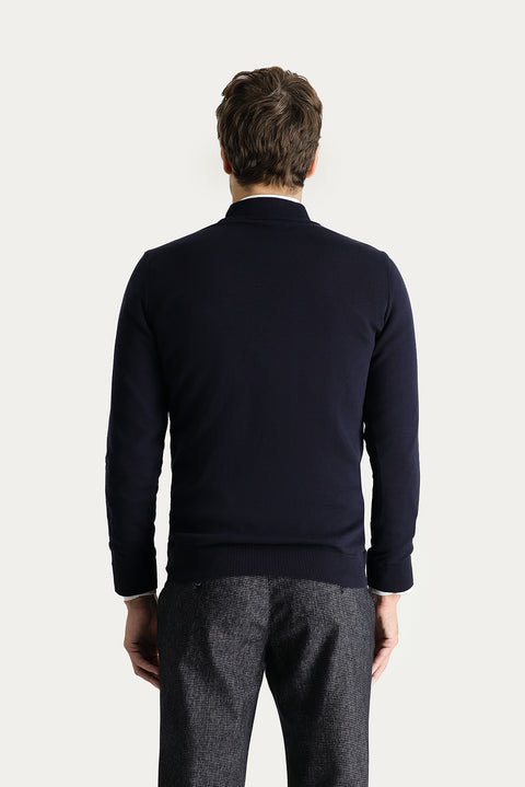 Koyu Lacivert Yarım Balıkçı Yaka Slim Fit Dar Kesim Pamuklu Triko Kazak