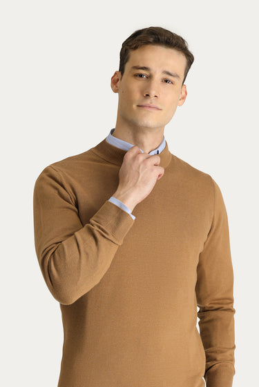 Camel Yarım Balıkçı Yaka Slim Fit Dar Kesim Pamuklu Triko Kazak