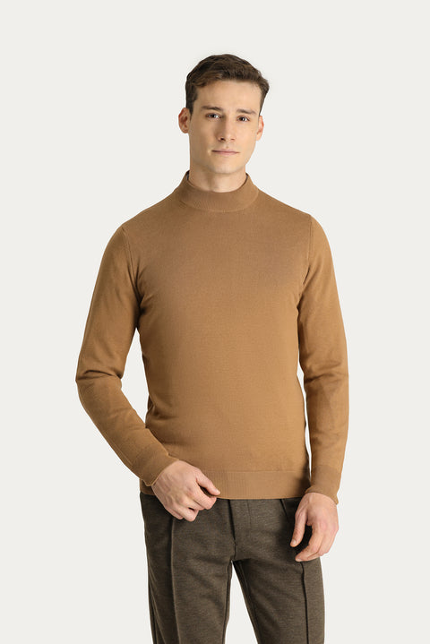 Camel Yarım Balıkçı Yaka Slim Fit Dar Kesim Pamuklu Triko Kazak