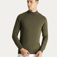 Orta Haki Yarım Balıkçı Yaka Slim Fit Dar Kesim Pamuklu Triko Kazak