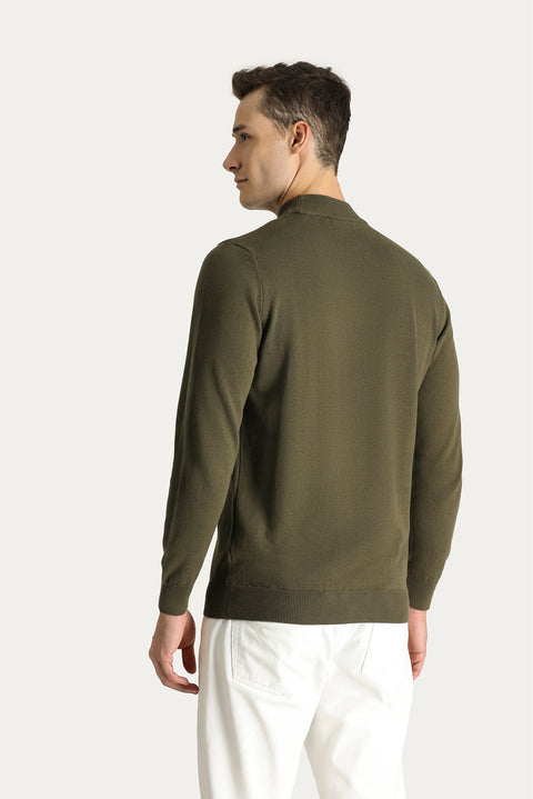 Orta Haki Yarım Balıkçı Yaka Slim Fit Dar Kesim Pamuklu Triko Kazak