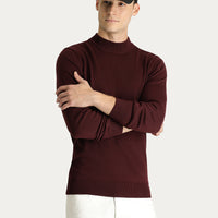 Koyu Bordo Yarım Balıkçı Yaka Slim Fit Dar Kesim Pamuklu Triko Kazak