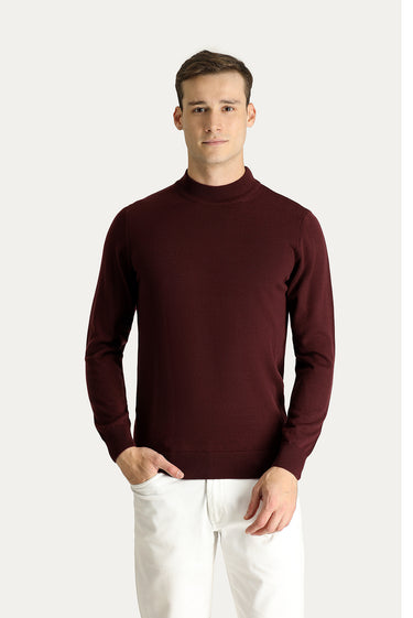  Koyu Bordo Yarım Balıkçı Yaka Slim Fit Dar Kesim Pamuklu Triko Kazak
