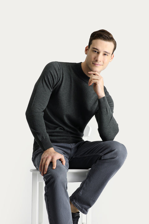 Koyu Antrasit Melanj Yarım Balıkçı Yaka Slim Fit Dar Kesim Pamuklu Triko Kazak