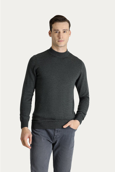 Koyu Antrasit Melanj Yarım Balıkçı Yaka Slim Fit Dar Kesim Pamuklu Triko Kazak