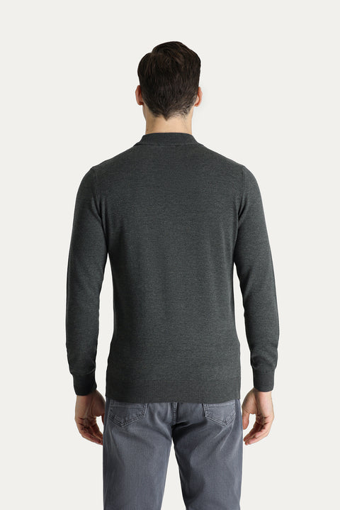 Koyu Antrasit Melanj Yarım Balıkçı Yaka Slim Fit Dar Kesim Pamuklu Triko Kazak