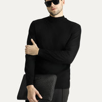 Siyah Yarım Balıkçı Yaka Slim Fit Dar Kesim Pamuklu Triko Kazak