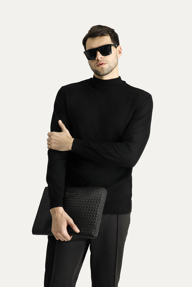 Siyah Yarım Balıkçı Yaka Slim Fit Dar Kesim Pamuklu Triko Kazak