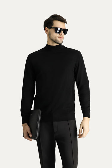 Siyah Yarım Balıkçı Yaka Slim Fit Dar Kesim Pamuklu Triko Kazak