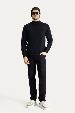  Koyu Lacivert Yarım Balıkçı Yaka Slim Fit Dar Kesim Pamuklu Triko Kazak