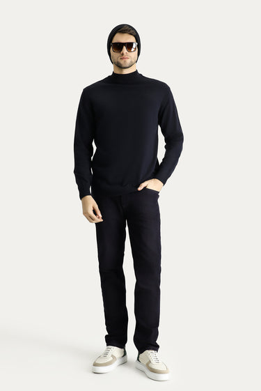 Koyu Lacivert Yarım Balıkçı Yaka Slim Fit Dar Kesim Pamuklu Triko Kazak