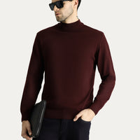 Koyu Bordo Yarım Balıkçı Yaka Slim Fit Dar Kesim Pamuklu Triko Kazak