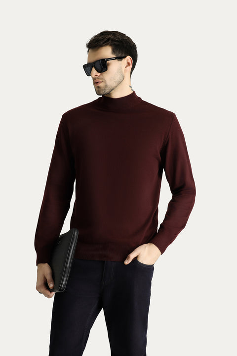 Koyu Bordo Yarım Balıkçı Yaka Slim Fit Dar Kesim Pamuklu Triko Kazak
