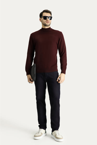  Koyu Bordo Yarım Balıkçı Yaka Slim Fit Dar Kesim Pamuklu Triko Kazak