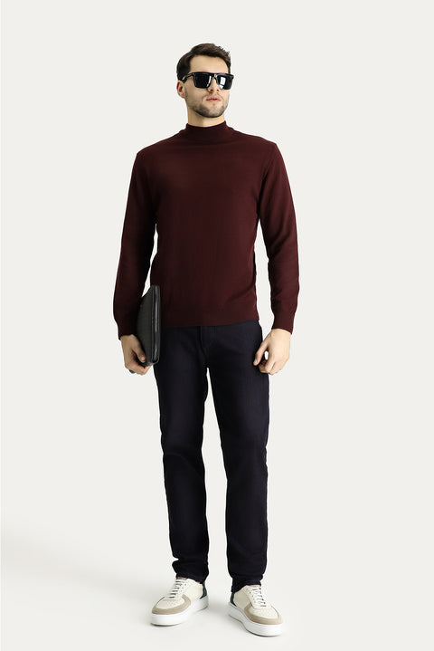 Koyu Bordo Yarım Balıkçı Yaka Slim Fit Dar Kesim Pamuklu Triko Kazak